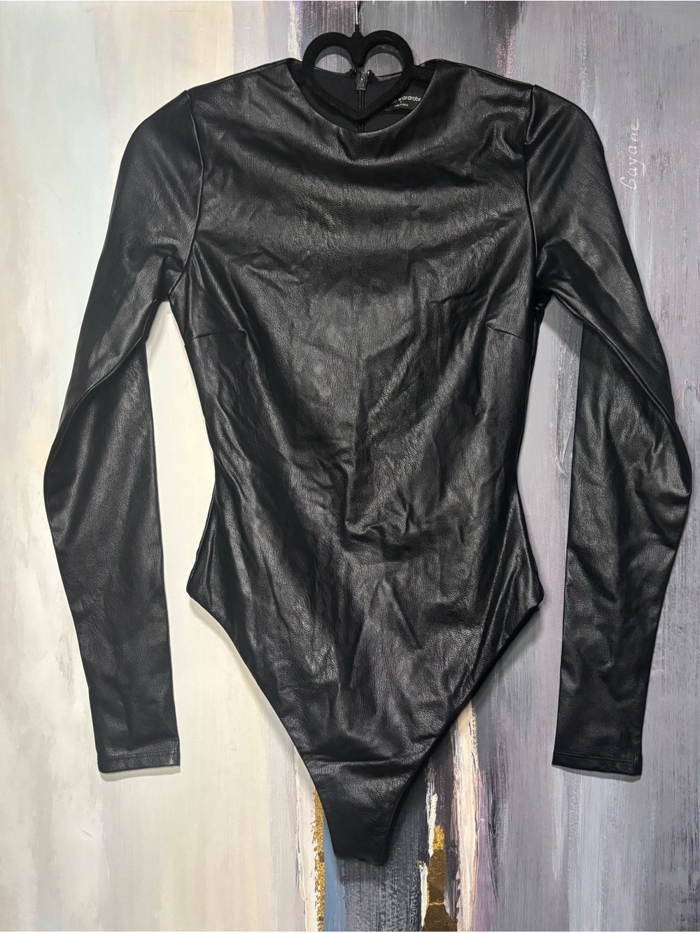 Black Faux Leather Bodysuit Long Sleeve Bodycon Moto Biker Y2K S